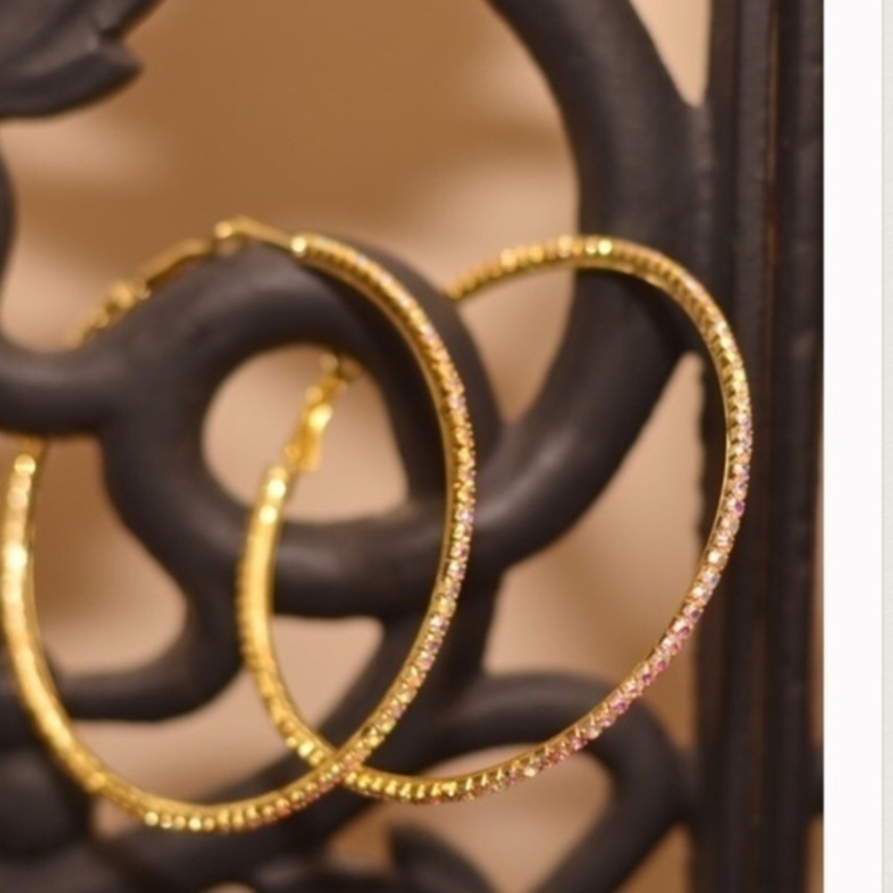 Gold Plated Rhinestone Hoops Earring - Picture 2 of 2